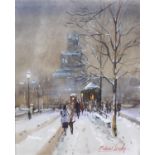 Michael Crawley (Modern), watercolour, Parisian scene, titled verso 'Tramstop Winter Scene - Paris',