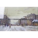 Michael Crawley (Modern), watercolour, a busy Parisian street scene with distant tram, signed, 8.5 x