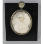 A 19th century painted portrait miniature, half length portrait study of a lady, possibly a