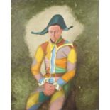 An unframed oil painting on board, three quarter length portrait study of a seated harlequin, 24 x