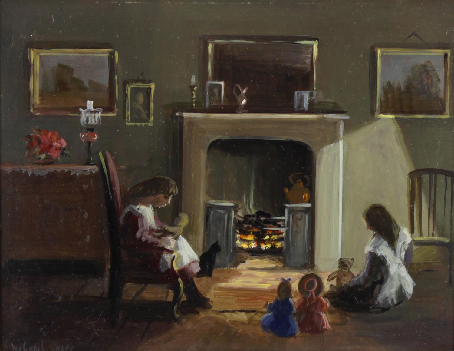 Deborah Jones (1921-2012), a pair of framed oils on board, the first example depicting a fireside