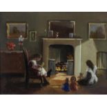 Deborah Jones (1921-2012), a pair of framed oils on board, the first example depicting a fireside