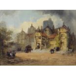 A pair of 19th century oil paintings on canvas, each depicting buildings with groups of figures to