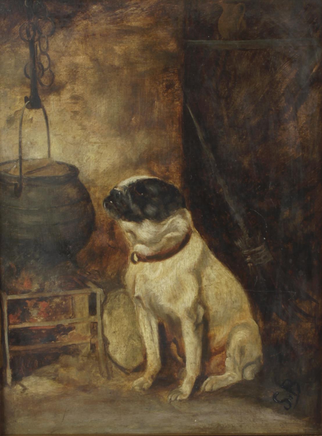 A 19th century oil painting on board, interior scene with pug dog seated before an open fire, signed
