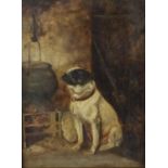 A 19th century oil painting on board, interior scene with pug dog seated before an open fire, signed