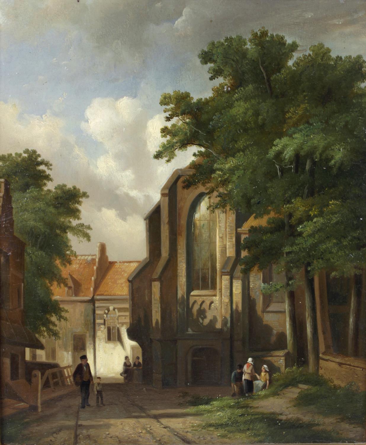 A 19th century Dutch oil painting on panel, town scene with figures seated and gathered near a