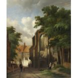 A 19th century Dutch oil painting on panel, town scene with figures seated and gathered near a