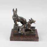 After Louis Albert Carvin (1875-1951), Bonne Garde, a bronze study of two Alsatians on guard, signed