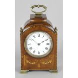 An early to mid 20th century inlaid mantel clock. Having a 3-inch white-enamelled Roman dial, the