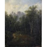 Two oil paintings on canvas. Each depicting a mountainous landscapes with trees to the fore, the