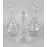 Two boxes containing assorted cut glass. Two include four decanters, 'mushroom' lamp, celery vase,