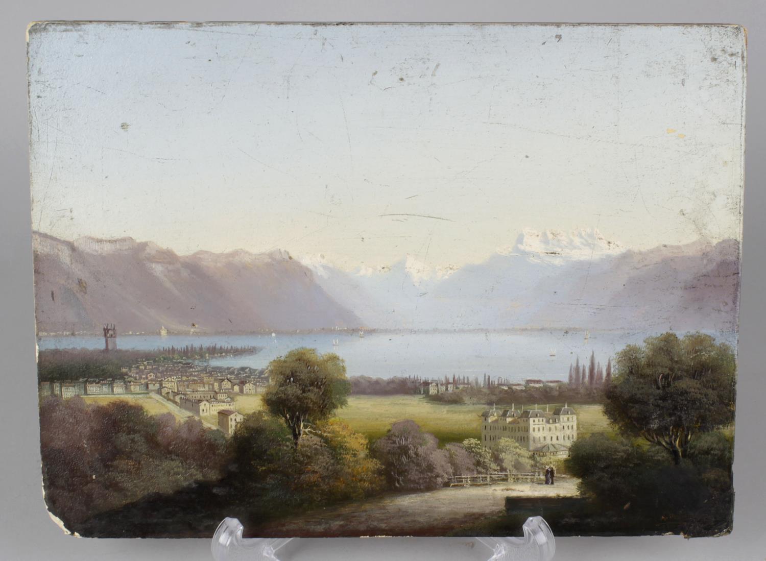 19th Century Continental School, an oil painting on board, Swiss Alpine scene, village upon a
