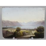 19th Century Continental School, an oil painting on board, Swiss Alpine scene, village upon a