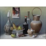 ARR Proferio Grossi (1923-2000), oil painting on board, still life study of fruit, bottles and other