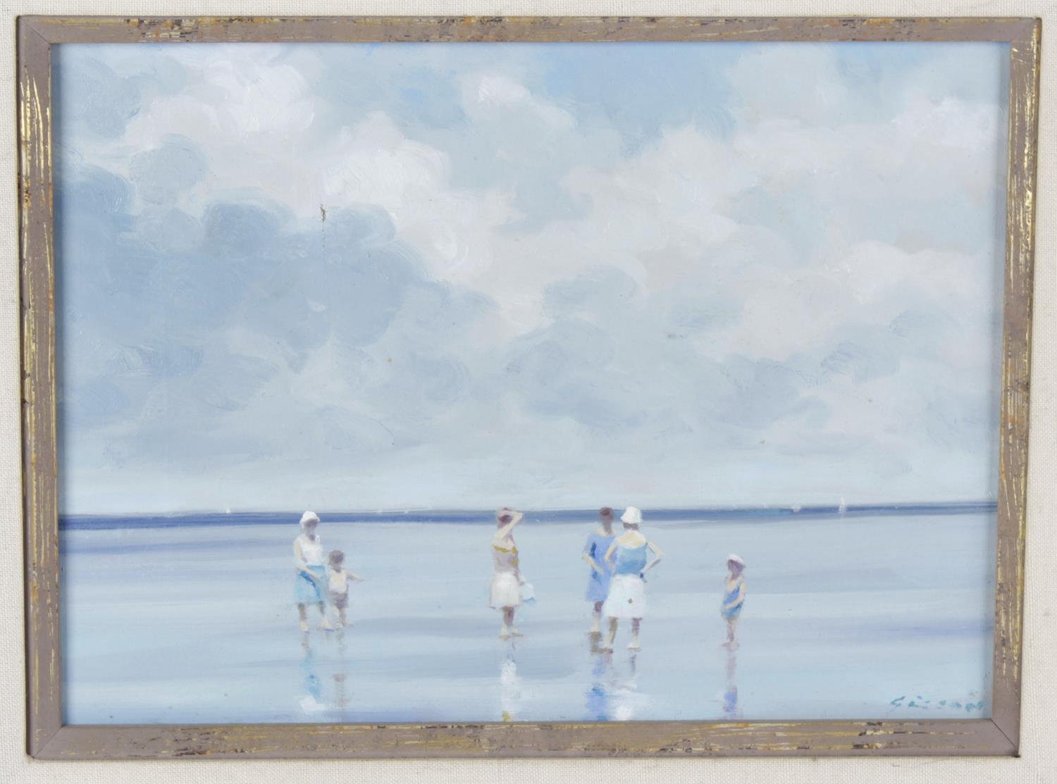 An oil on canvas, depicting beach-goers at low tide, against a horizon speckled with sailing boats