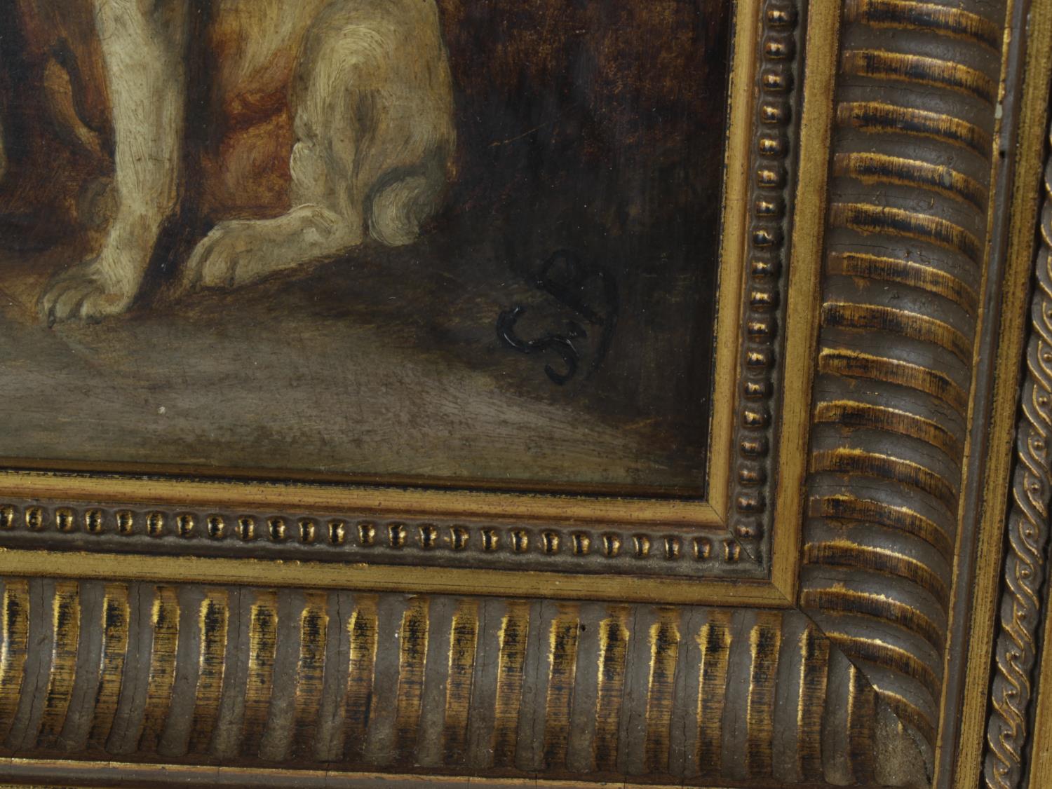 A 19th century oil painting on board, interior scene with pug dog seated before an open fire, signed - Image 2 of 2