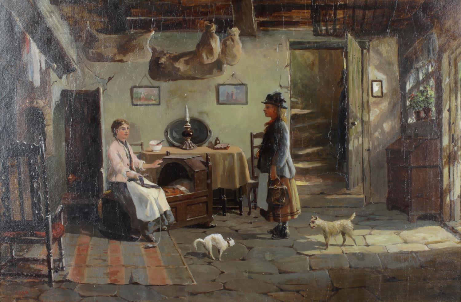 A late 19th century oil painting on canvas, interior scene with figures in a farmhouse kitchen,