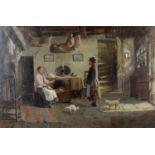 A late 19th century oil painting on canvas, interior scene with figures in a farmhouse kitchen,