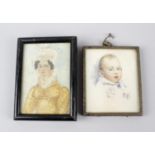 Two portrait miniatures, the first a head and shoulder study painted upon ivory, depicting a young
