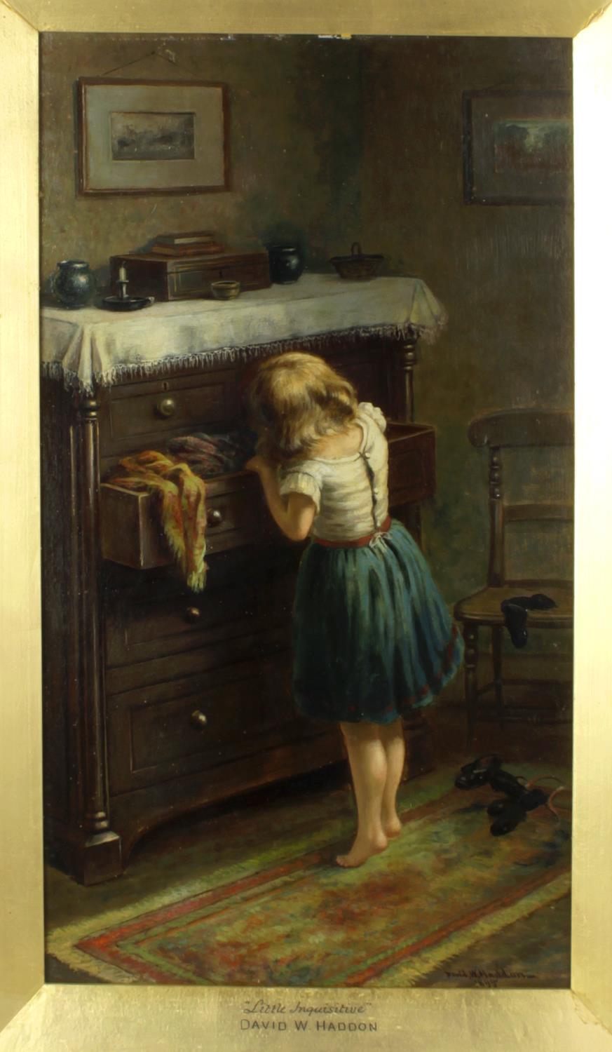 David W. Haddon, (Exh. 1884-1914), oil on board, study of a young girl peering into a chest of