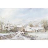 Donald Jennings (Modern), an oil painting on canvas, snowy winter village scene, signed and dated, 8
