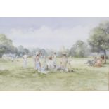 Douglas West, watercolour, cricket match upon a green with church in the distance, signed lower