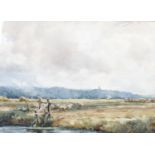 William Hyams (1878-1952), watercolour, river landscape with sheep grazing to the fore, signed, 13 x