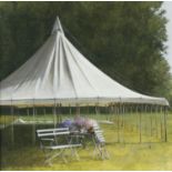 ARR Ron Bone, (1950-2011), 'After the Wedding', a marquee with flowers and garden furniture, acrylic
