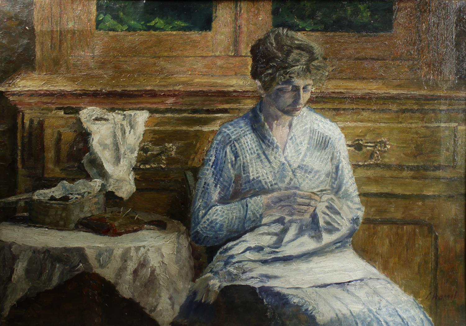 An oil on canvas, a woman seated before a window sewing, indistinctly signed lower right, 23.5 x