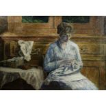 An oil on canvas, a woman seated before a window sewing, indistinctly signed lower right, 23.5 x