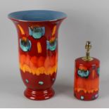 A Poole pottery 'Volcano' pattern large vase, lamp and dish. The vase of inverted bell form, 17, (