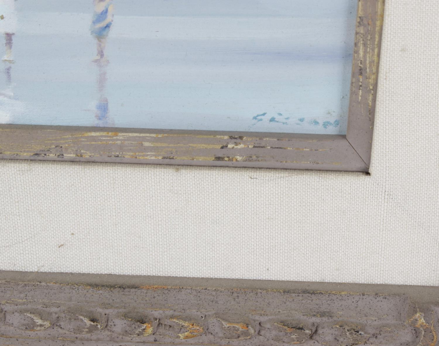 An oil on canvas, depicting beach-goers at low tide, against a horizon speckled with sailing boats - Image 3 of 3