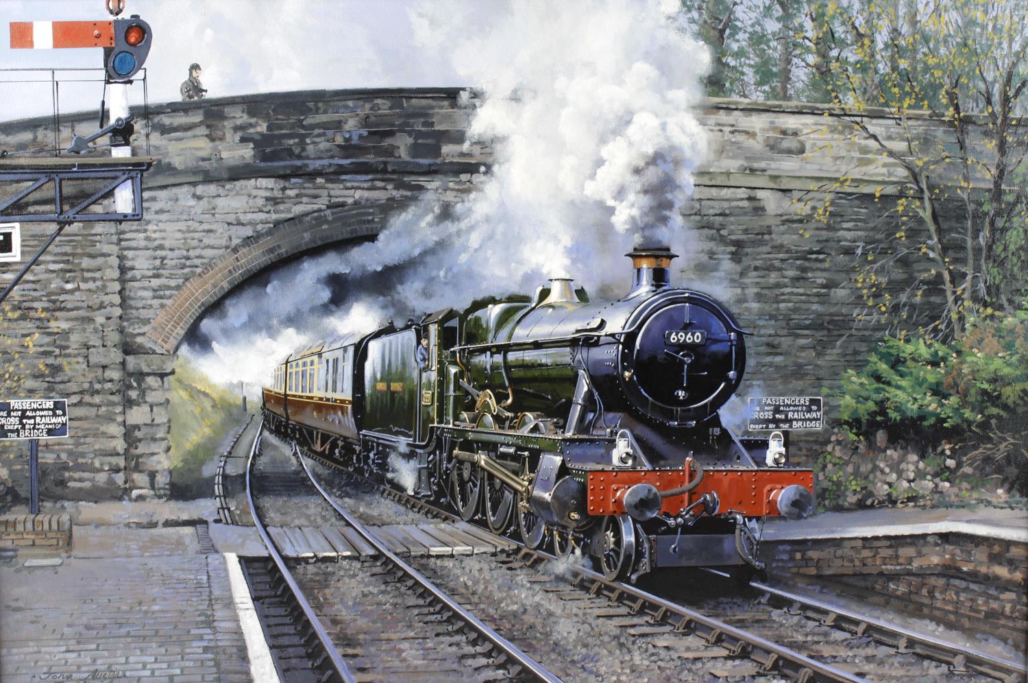 John Austin (modern), oil painting on canvas, study of a GWR 'Hall Class' locomotive at full