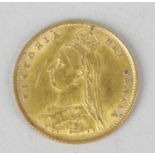 A Victorian 1887 Jubilee head, shield back gold half sovereign. Wear and rubbing, some surface