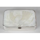 Line Vautrin (1913-1997), a silvered-bronze box of oblong form, the cover with inset carved mother