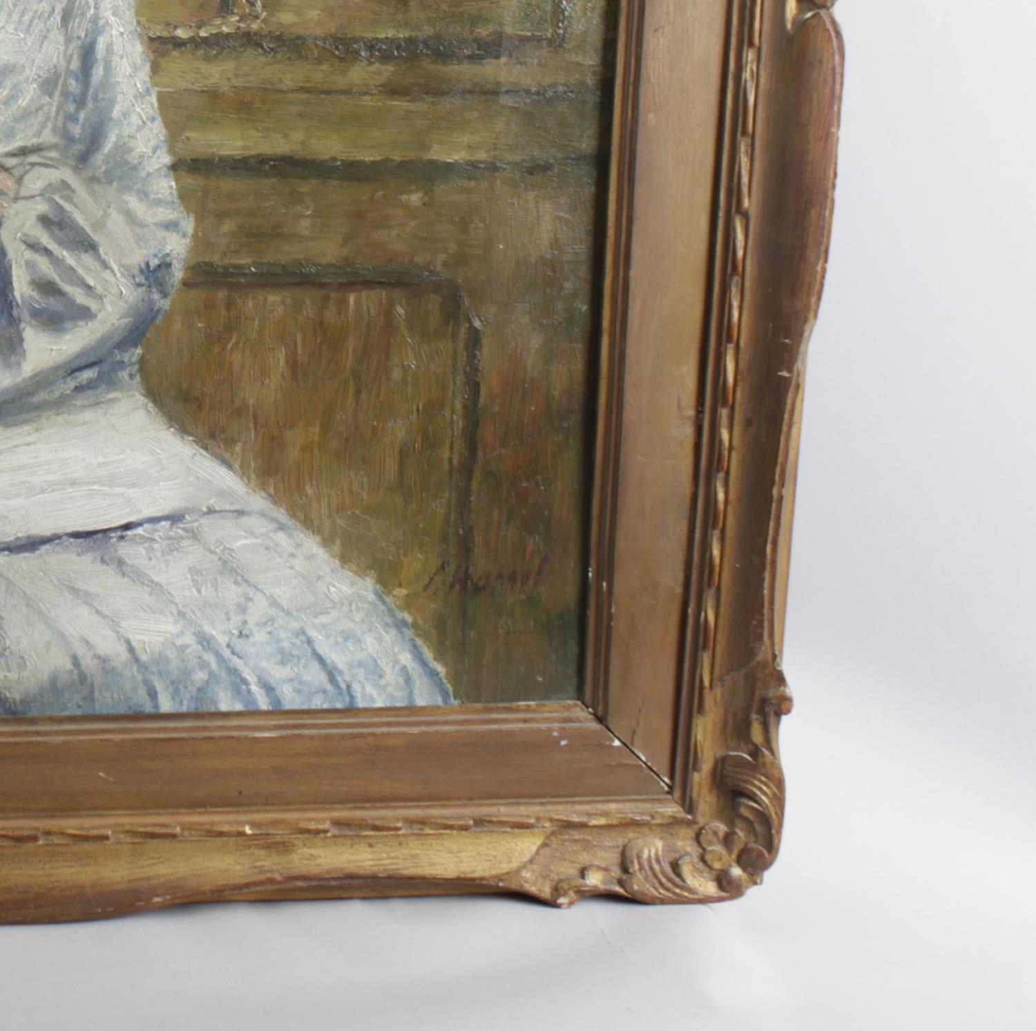 An oil on canvas, a woman seated before a window sewing, indistinctly signed lower right, 23.5 x - Image 2 of 2