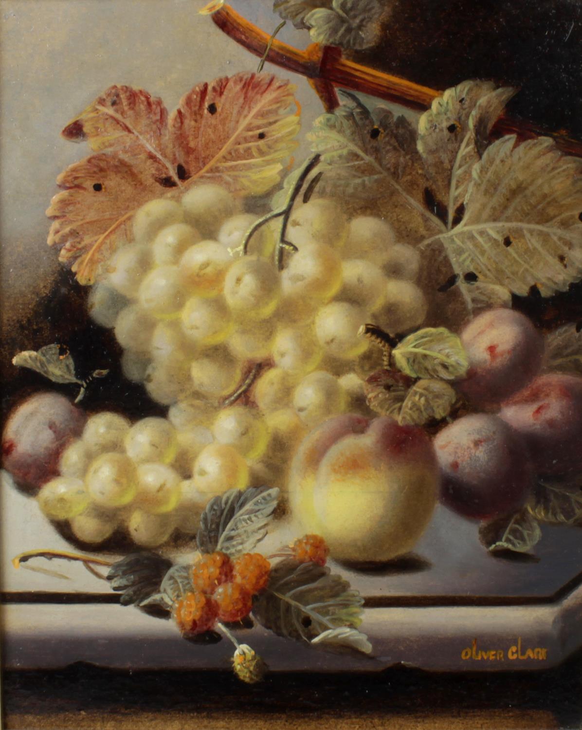 Oliver Clare, (1853-1927), oil on board, still life of grapes and plumbs, signed lower right, 9.5