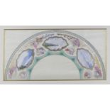 A painted silk watercolour fan design, having three nevette shaped landscape panels interspersed