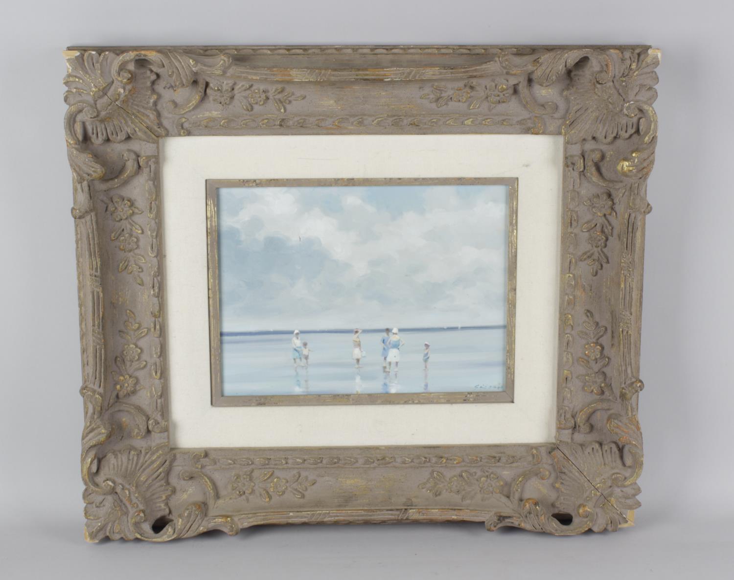 An oil on canvas, depicting beach-goers at low tide, against a horizon speckled with sailing boats - Image 2 of 3