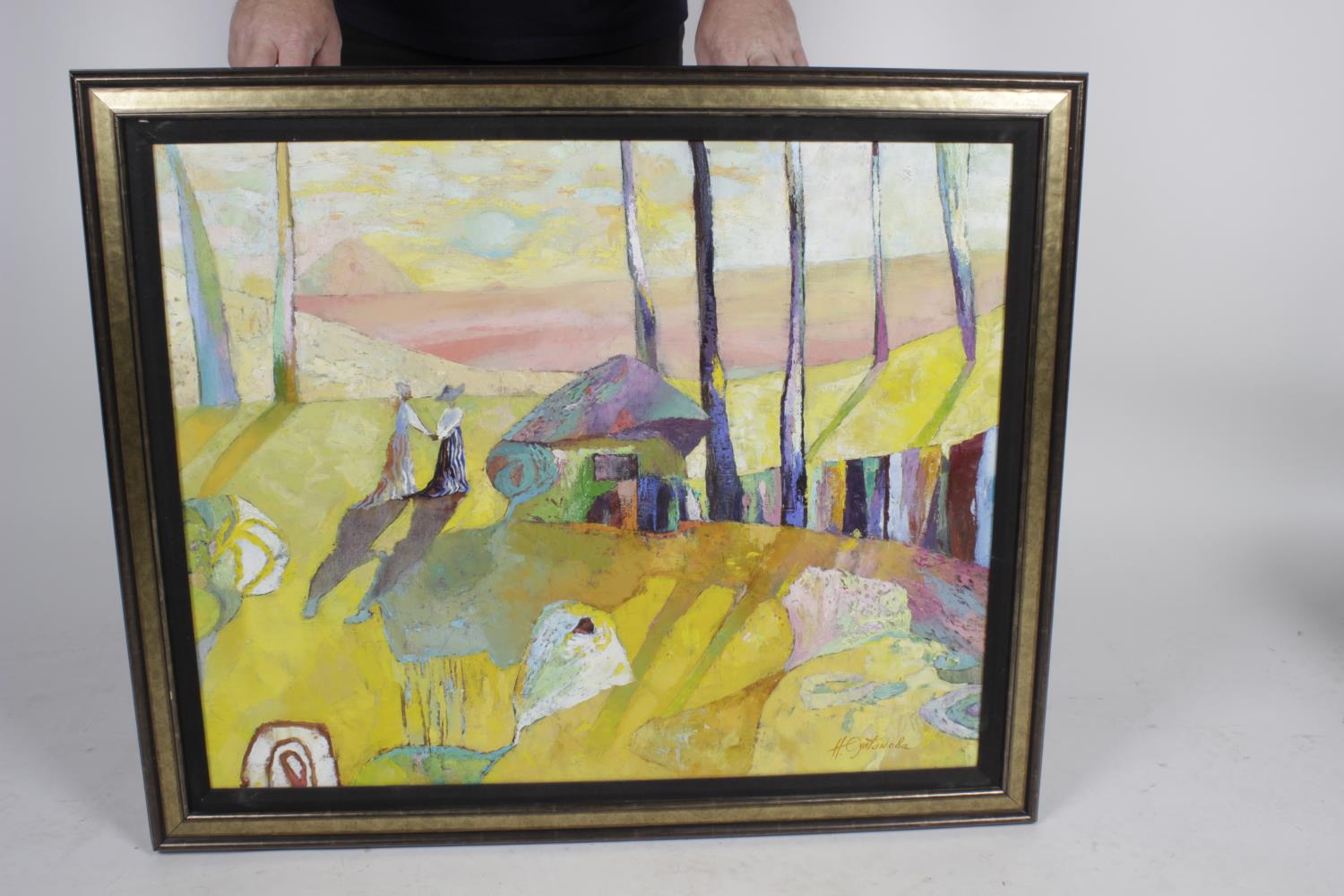 ARR Natalya Sultanova, (modern), 'The Meeting', two figures in a landscape, oil on canvas, signed in - Image 2 of 4