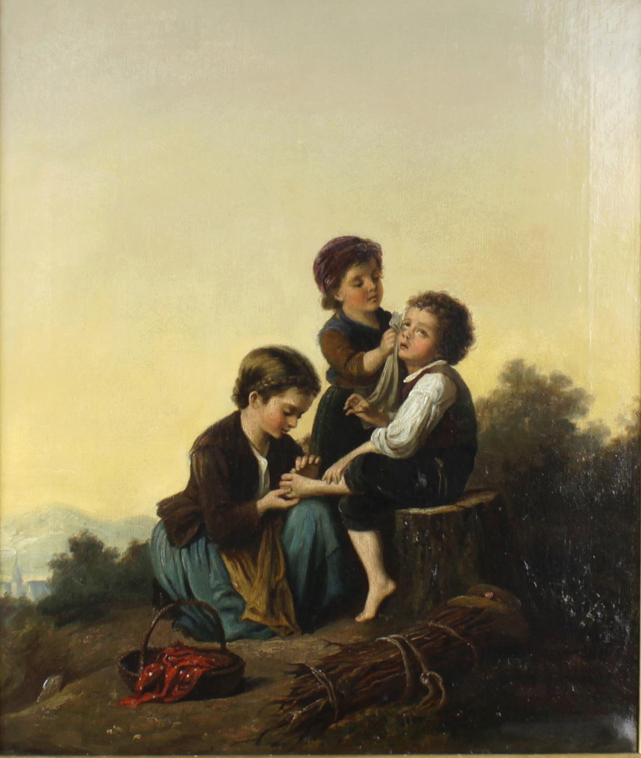 English school, (mid 19th century) Three young labourers, depicted in a landscape, one seated crying