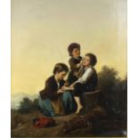 English school, (mid 19th century) Three young labourers, depicted in a landscape, one seated crying