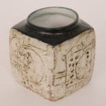 A Troika Pottery jam pot decorated by Anne Lewis with incised carved abstract designs to each facia,