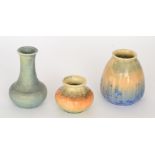 Ruskin Pottery - Three pieces of crystalline glaze comprising a vase of swollen form decorated in a