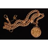A 9ct rose gold graduated Albert chain fitted with a loose mounted George V half sovereign, 1911,