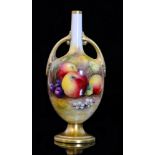 A Royal Worcester 'Fallen Fruits' shape 2700 twin handled pedestal vase panel decorated by Moseley