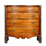 A 19th Century inlaid rosewood bow front chest of four long drawers flanked by turned pillars,