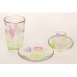 A group of three 20th Century Caithness Springtime Graal style pieces with stylised pastel pink