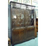 An Edwardian mahogany bookcase enclosed by a pair of swept bar glazed doors over a cupboard base
