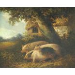 CIRCLE OF GEORGE MORLAND (1763-1804) - Three pigs, oil on canvas laid down on board,